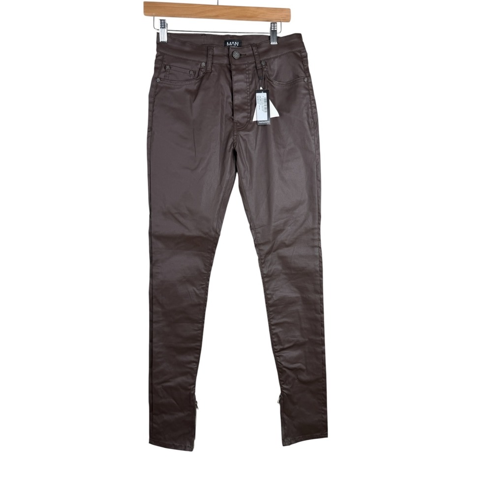 New Boohoo Man Skinny Button‎ Fly Coated Jeans size 30 Dark Brown